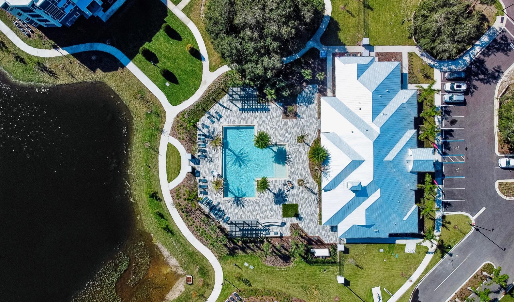 Aerial vie of a building and swimming pool