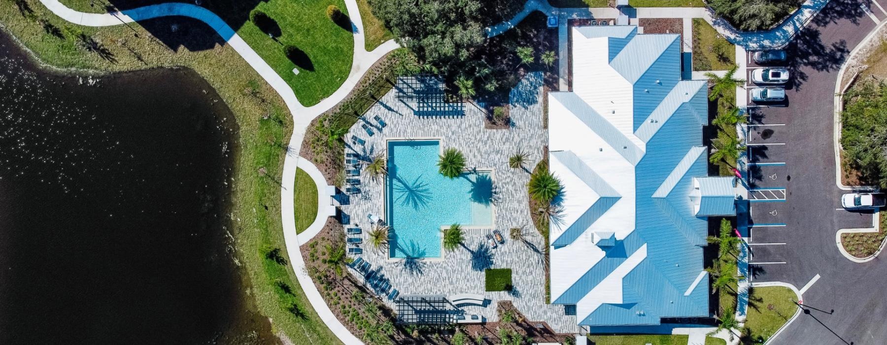Aerial vie of a building and swimming pool
